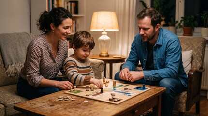 Obraz premium Happy family playing a board game together sitting on a cozy sofa and wooden table at home.