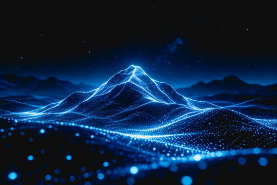A 3D rendered digital wireframe mountain landscape with glowing blue particles against a dark starry background, representing tech and data concepts.