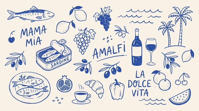 A doodle collage of Italian foods and symbols featuring Amalfi, La Dolce Vita and Mamma Mia alongside pasta, pizza, wine, seafood, citrus fruits, and sun-kissed lifestyle