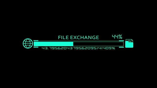 Glowing cyan file exchange progress bar animation with globe and folder icons and digital loading percentage on a dark black background.
