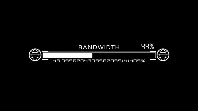 White bandwidth progress bar animation with globe icons and digital loading percentage on a dark black background.