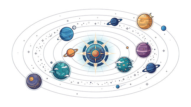Colorful illustration of the solar system with planets and orbits.