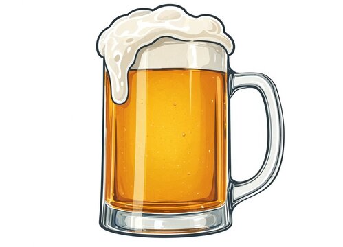 A hand drawn vector illustration of a cold glass mug filled with golden beer