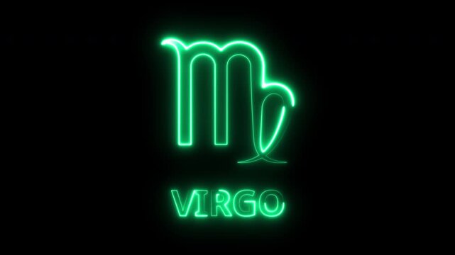 Animated Neon Virgo Zodiac Sign with Text on Black Background