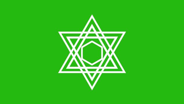 White outlined six pointed star made of two overlapping triangles, resembling a hexagram or Star of David geometric symbol.green screen.
