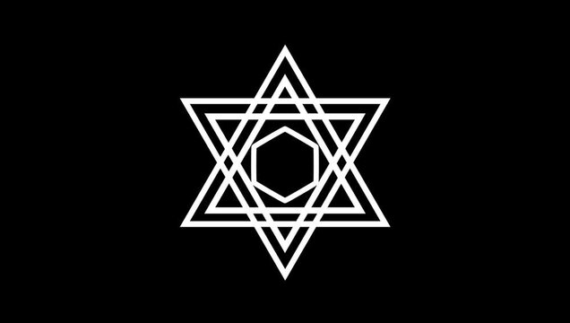 White outlined six pointed star made of two overlapping resembling a hexagram or Star of David geometric symbol with a smooth glowing today