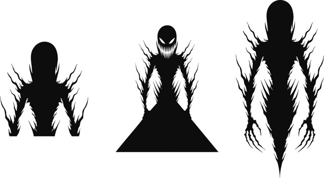 Set of scary shadow monsters with sharp claws and jagged silhouettes
