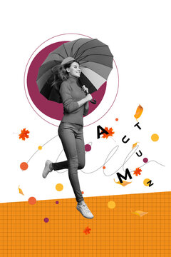 Composite trend artwork image photo collage of copybook page autumn letters young lady student smile walk hold umbrella fly fall leaves