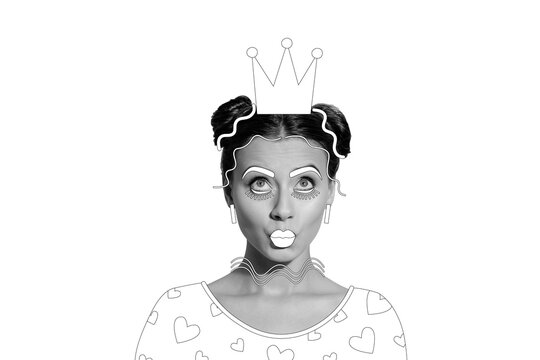 Composite photo collage of cute woman pouted lips wear crown royal princess makeup beauty salon white effect isolated on painted background