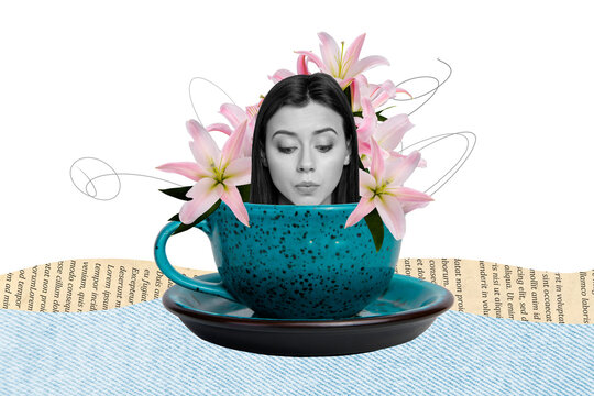 Composite photo collage of young girl head peek coffee cup lily flowers bouquet spring blossom vase present isolated on painted background