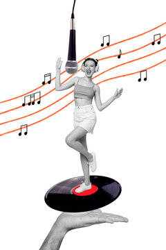 Vertical collage picture young cheerful woman vinyl plate record disco club karaoke singer microphone entertainment hobby