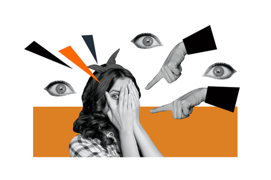 Trend artwork composite image photo collage of young lady pinup peekaboo cover face hand finger point mockery gesture down eyes watch