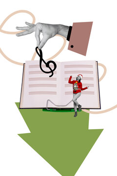 Vertical art trend collage of happy girl wear santa claus hat dance open book hand hold treble clef note learning notepad party