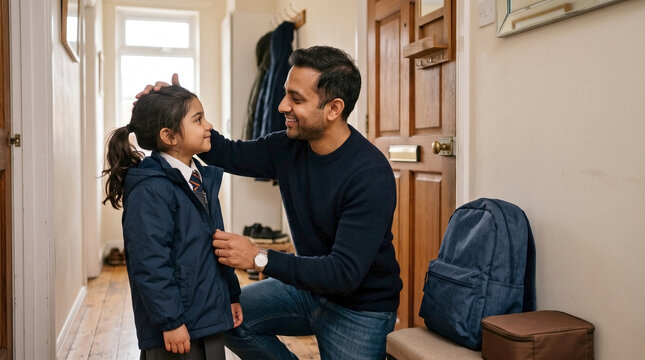 Father helping daughter zip up jacket for school. Smiling dad getting child ready in home hallway