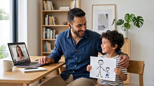 Smiling father looking at his son's drawing while working from home. Proud boy showing stick figure art to dad during a video call break in a modern home office