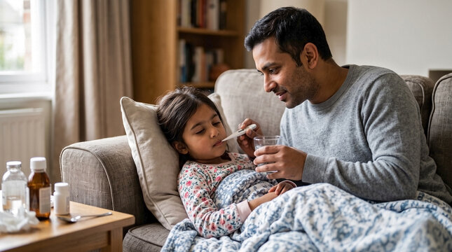 Father checking sick daughter's temperature with digital thermometer. Caring man holding glass of water for unwell child resting on couch at home