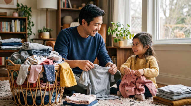 Happy Asian father and daughter folding laundry together in the living room. Smiling dad and little girl bonding while doing household chores with a basket of clothes