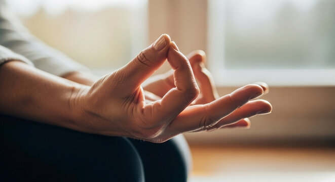 Close up of hands in yoga mudra position resting on knees. Person practicing mindfulness and meditation indoors by a window