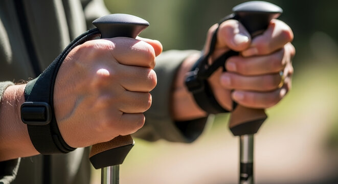Close up of hands holding hiking poles. Person gripping trekking sticks on outdoor trail
