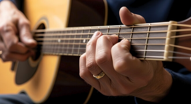 Close up of male hands playing acoustic guitar. Musician pressing chords on wooden fretboard