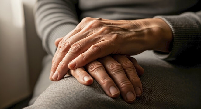 Close up of elderly hands resting on lap. Senior person with wrinkled skin and prominent veins wearing grey sweater. Aging and retirement concept