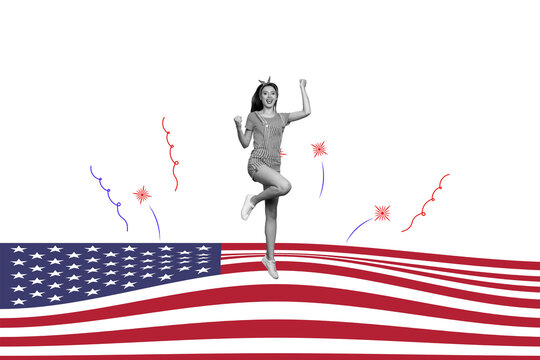 Image picture creative collage of girl flying raise fists up celebrate 4th july on american flag background