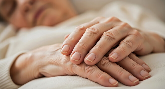 Close up of elderly hands clasped while resting in bed. Senior patient sleeping with blurred face in background. Healthcare and aging concept
