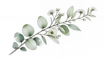 Obraz premium Eucalyptus wildflower branch botanical line art on white