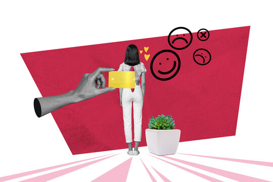Creative collage picture young woman stand back credit card houseplant emoticon face sad expression 3d hand drawing background