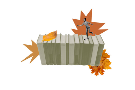 Composite photo collage of happy girl ride skateboard autumn leaves foliage back high school book education isolated on painted background