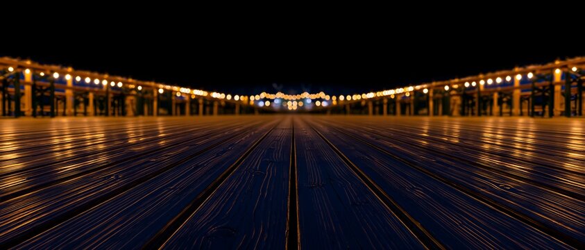 Dark night view of long wooden pier extending into water