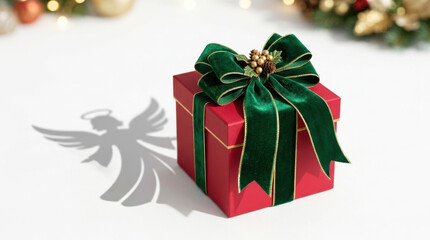 Naklejka premium Emerald Christmas bow on gift box with festive holiday decoration and dramatic shadow, creating elegant seasonal still life