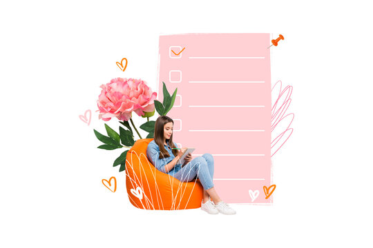 Composite trend artwork 3D sketch image photo collage of young lady sit beanbag write notebook flower rose nature document todo list task