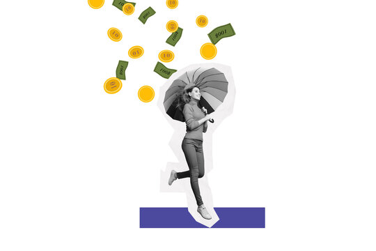 Composite trend artwork 3D sketch image photo collage of small young lady walk hand hold umbrella protect rain money coins dollar rich