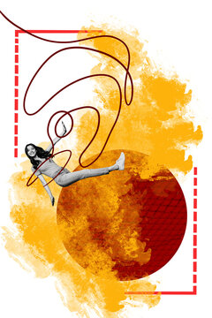 Vertical art image photo collage of happy girl sit basketball ball tournament sportive game winning healthy lifestyle match