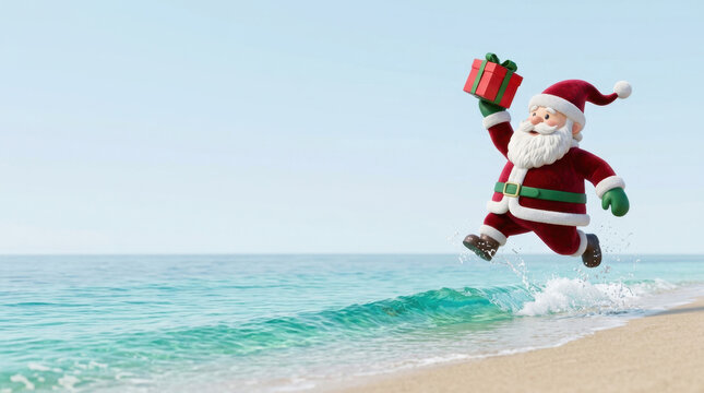 Toy Santa jumping ocean, colorful gift above turquoise wave, sandy beach below, playful holiday scene