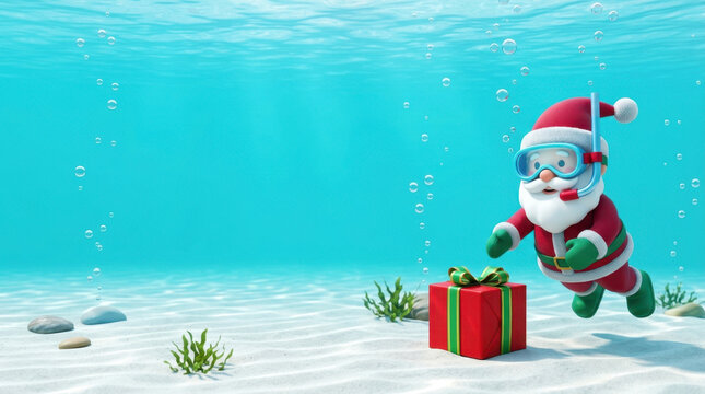 Toy Santa floating underwater with wrapped gift, bubbles, coral, and sandy seabed creating playful Christmas scene