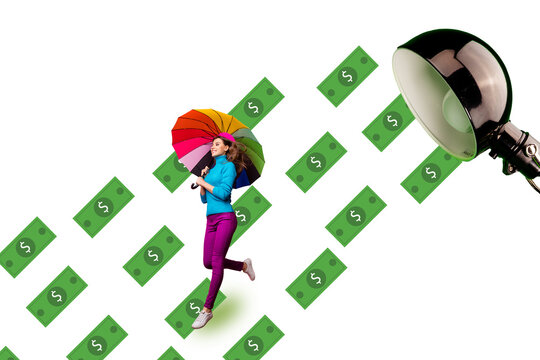 Composite photo collage of happy girl walk umbrella money rain dollar banknotes lamp success income profit isolated on painted background