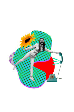 Creative composite sketch design artwork collage of young woman stand hand hold landline phone call excited smile flower nature summer