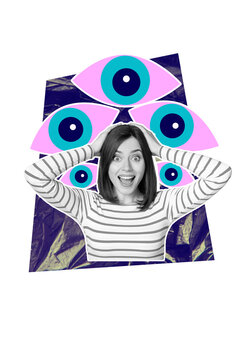 Trend artwork creative sketch 3D photo collage of watch eye silhouette sticker young woman hand hold head scream shocked emotion face