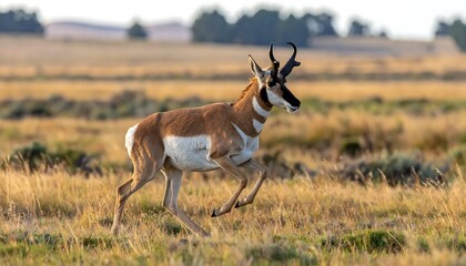 Fototapeta premium Wild horse galloping through golden grassland savanna.