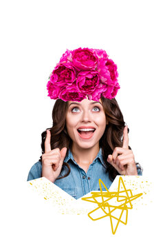 Collage trend artwork composite sketch poster of young woman portrait happy smile wear spring flower on head finger point up hand gesture