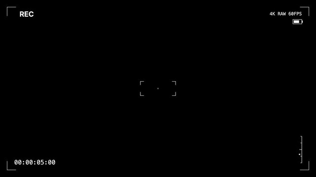Camera viewfinder overlay on black background, digital recording screen interface, 4K RAW 60FPS video hud display