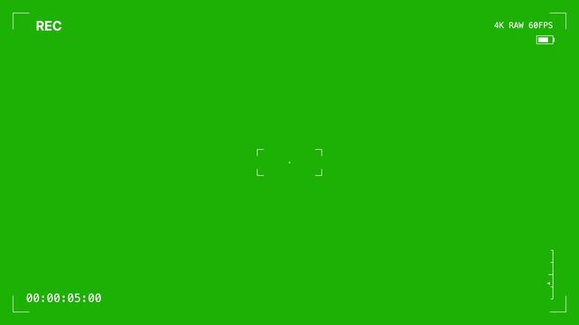 Camera viewfinder overlay on green screen, digital video recording interface with REC indicator, 4K RAW 60FPS hud display