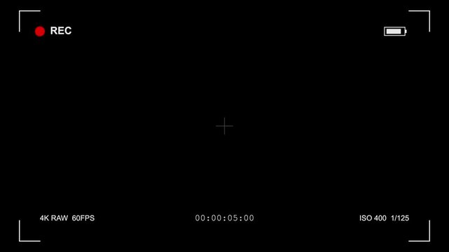 Camera recording overlay with viewfinder interface, digital video screen with REC indicator, professional 4K RAW cinematography frame
