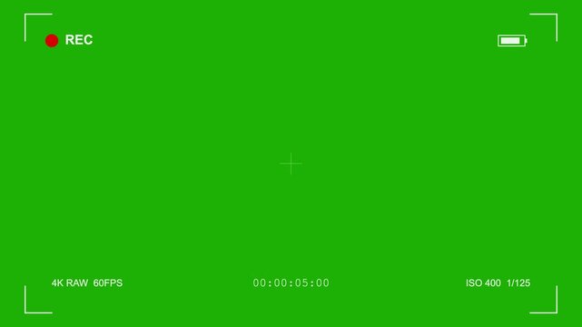 Camera viewfinder overlay on green screen, digital video recording interface with rec icon, professional 4K camera display frame
