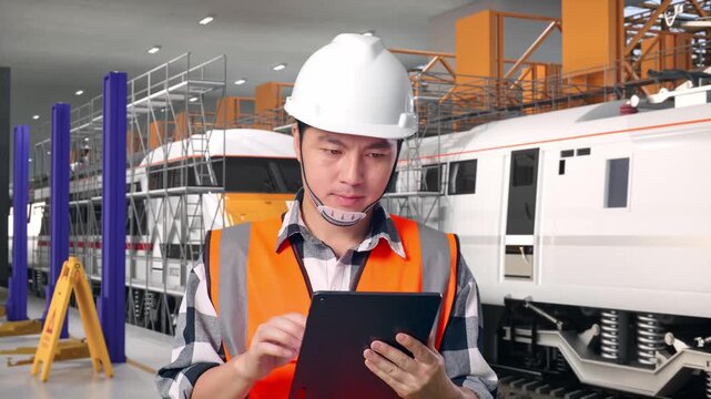 Front View of Asian Male Engineer Use Tablet While Walking at Train Locomotives Maintenance Depot Scaffolding