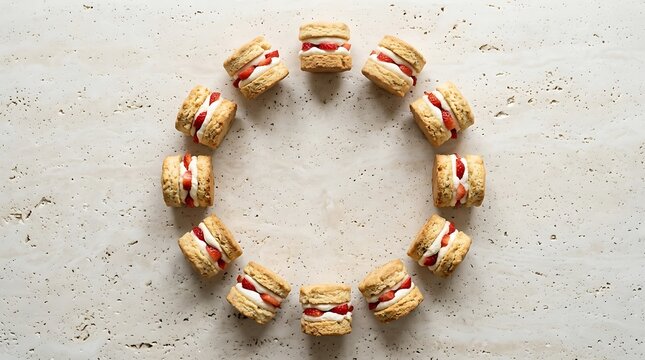 Delicious mini strawberry shortcake biscuit desserts with layers of fresh whipped cream and sliced berries arranged in a circular pattern on a light textured stone surface.