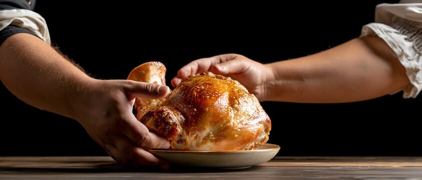 Roasted turkey passed between two hands over wooden surface