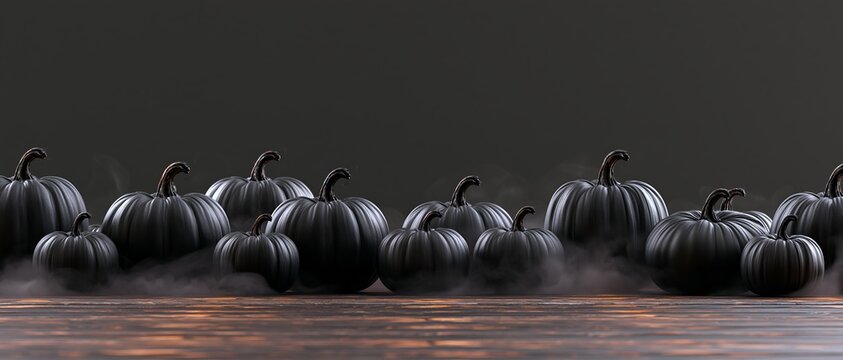 Row of black pumpkins with smoke effects on wooden floor